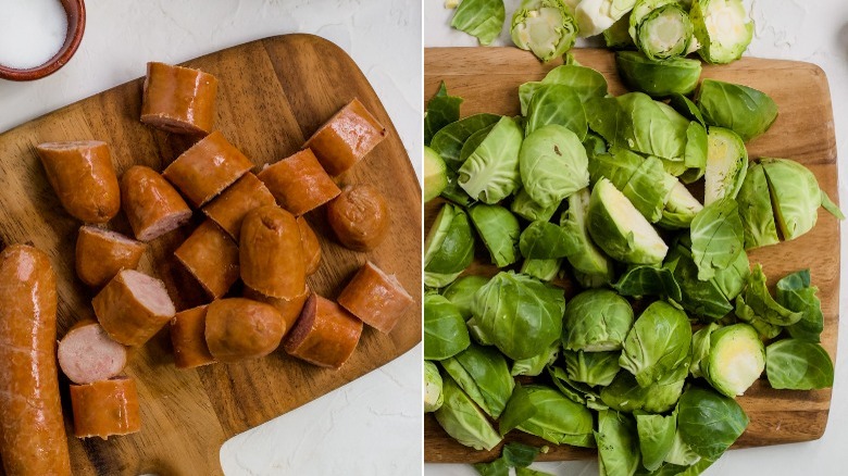 sliced sausages and Brussels sprouts