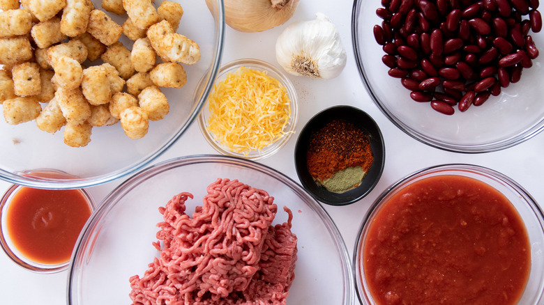 Ingredients for chili cheese tater tot casserole