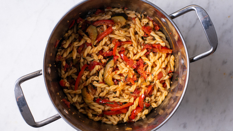 Summer vegetable pasta in a pot