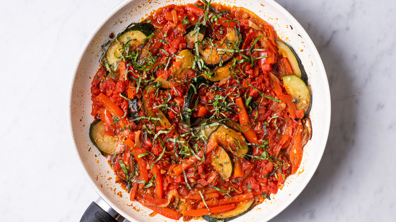 Veggie-tomato pasta sauce in a skillet.