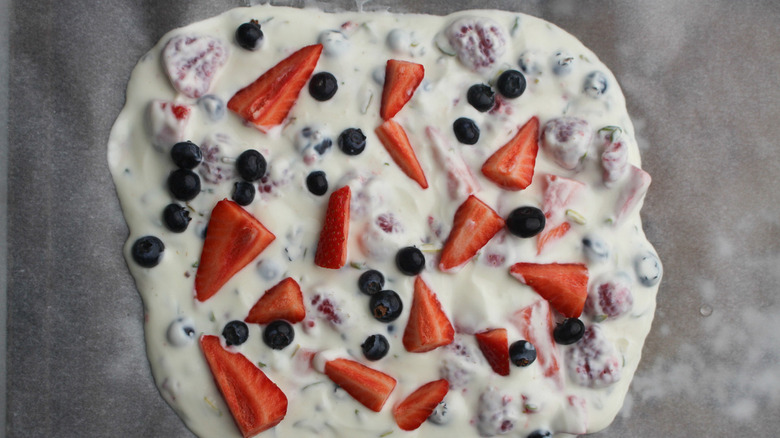 Frozen yogurt bark before being frozen