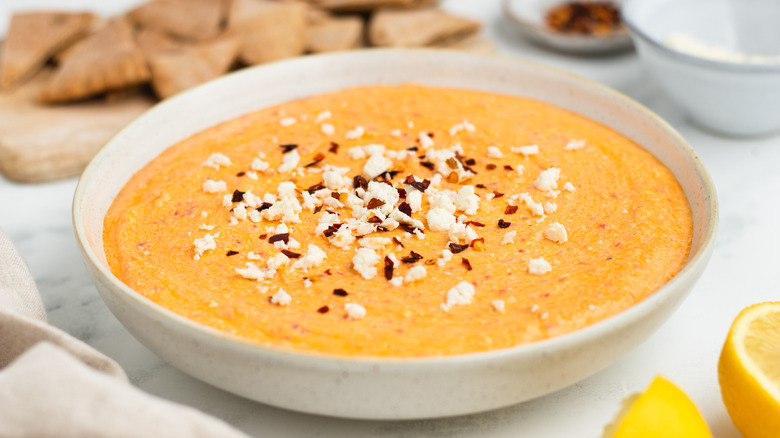 Spicy feta dip in a bowl