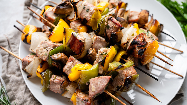 tuna vegetable kebabs on plate