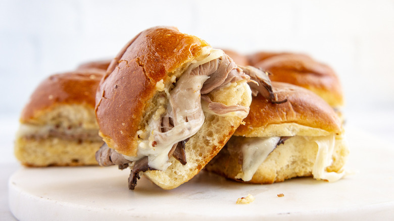 two hot roast beef sandwiches
