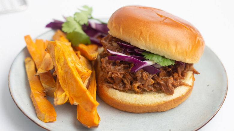 Fries and a pulled pork sandwich sitting on a plate