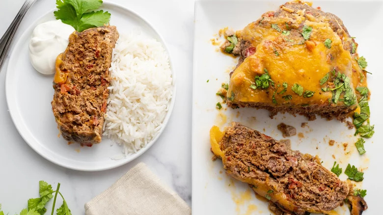 Meatloaf in a plate with rice