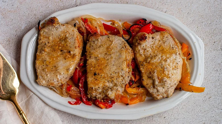 Pork chops and vegetables in a tray