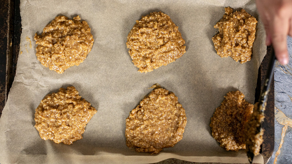 no-bake peanut butter cookies on baking sheet