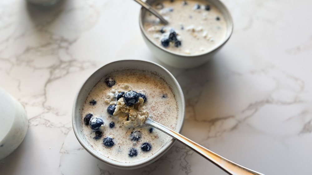 bowls of overnight oats with blueberries