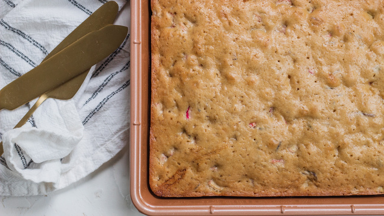 baked rhubarb cake in pan