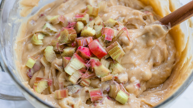 folding rhubarb into cake batter