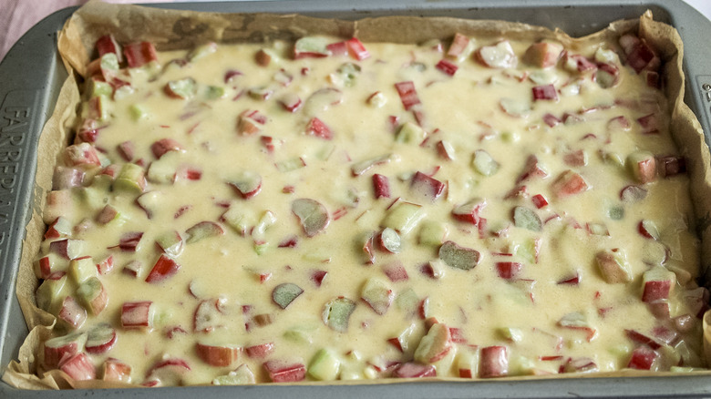 rhubarb custard in baking dish