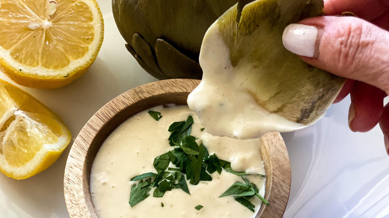 Aioli in blender with artichoke and lemon