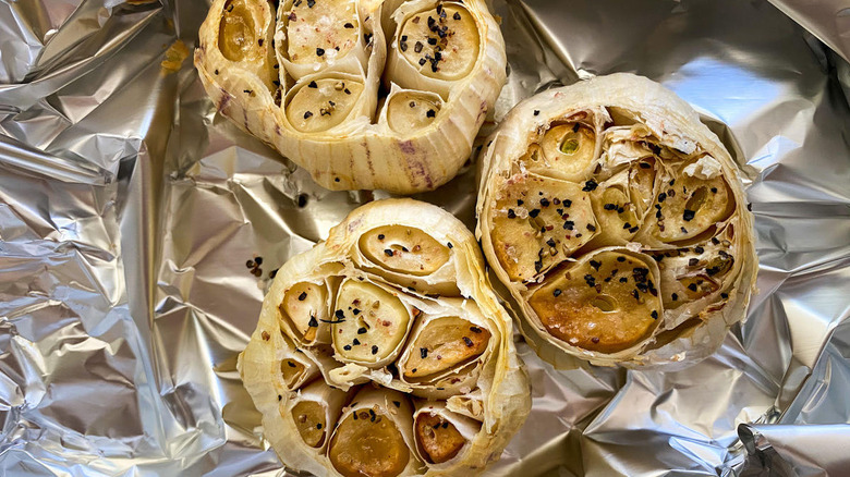 Roasted garlic on foil