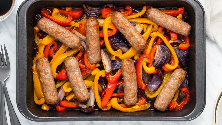 sausage and veggies on tray 