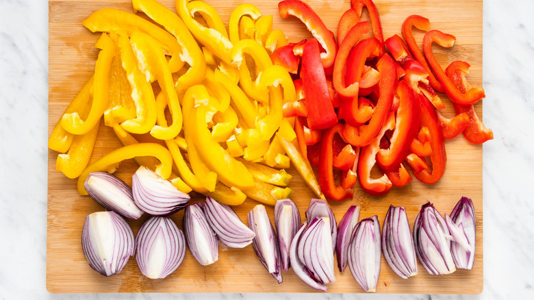 peppers and onion on a tray 