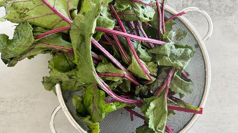 sliced beet greens in a colander