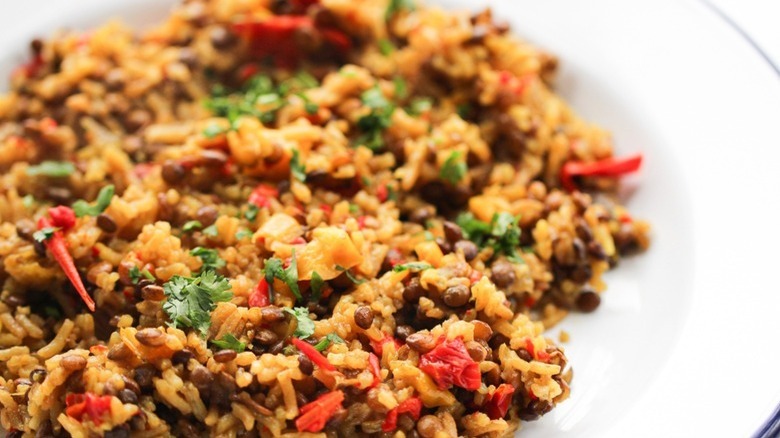 white plate of Instant Pot lentils and rice