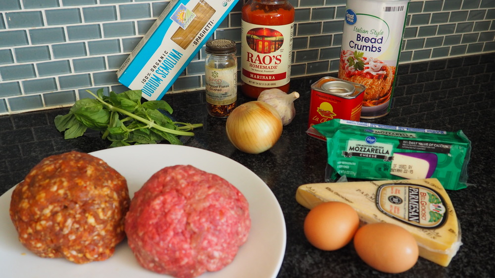 ingredients for making easy spaghetti and meatballs casserole