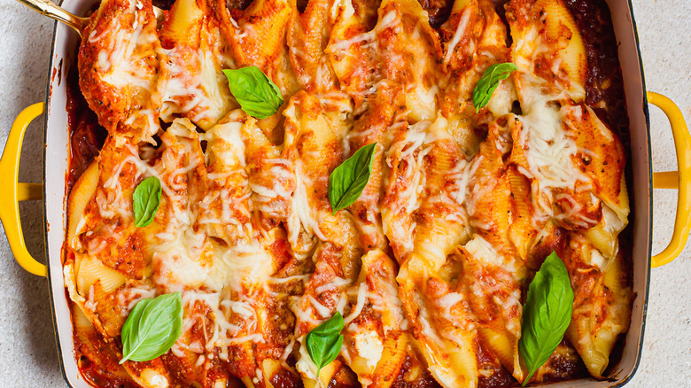 Pan of baked stuffed shells