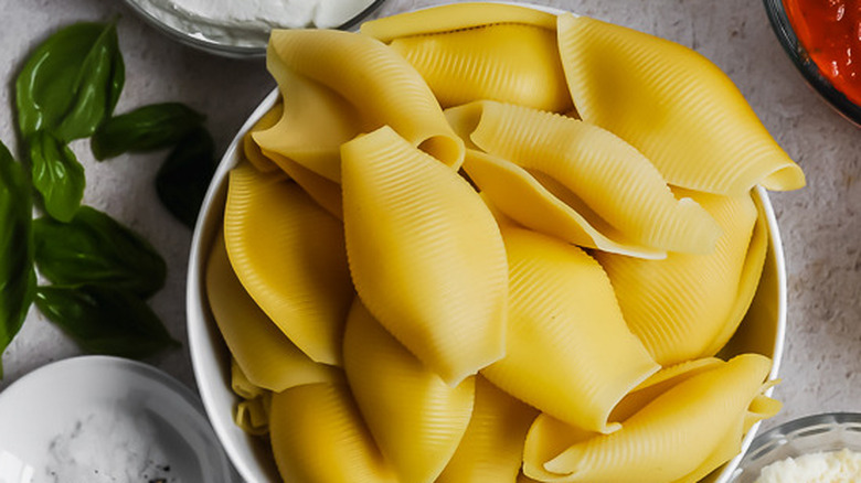 colander of cooked pasta shells