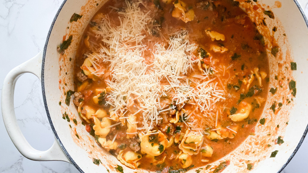 tortellini added to Dutch oven