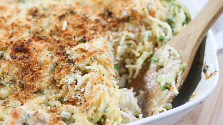 baked and crunchy-topped Easy Turkey Tetrazzini in casserole dish