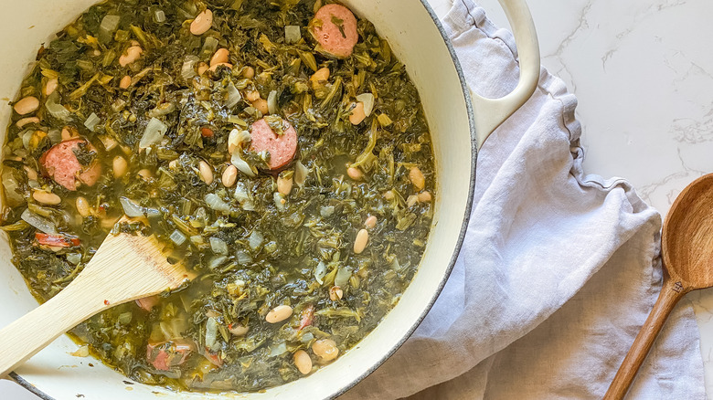 Turnip greens soup simmering slowly