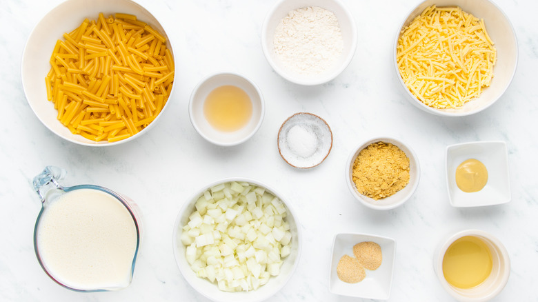 Vegan mac and cheese ingredients laid out