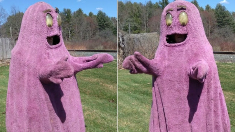 person wearing vintage Grimace costume