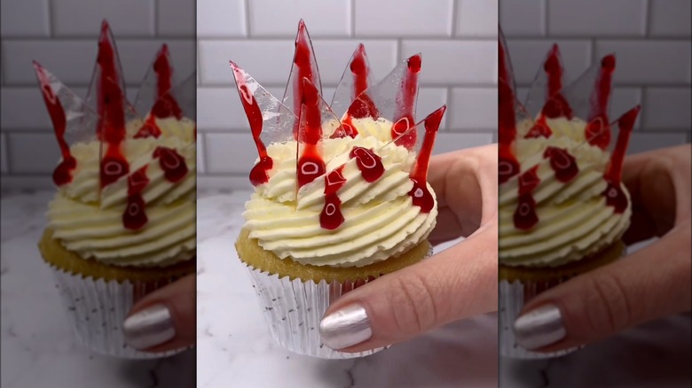 cupcake with bloody edible glass shards