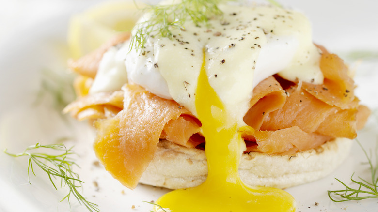 eggs benedict with yolk busting