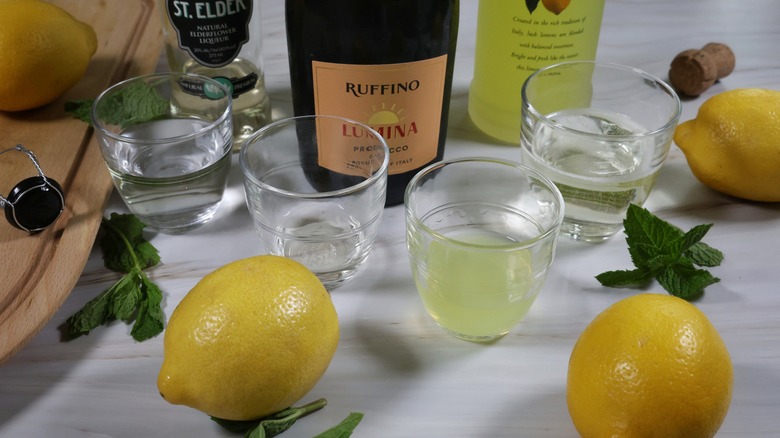 elderflower limoncello spritz ingredients on counter