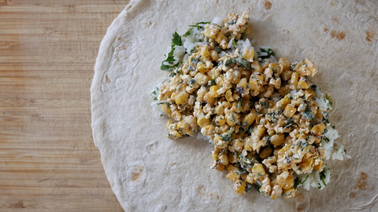 tortilla with rice and esquites