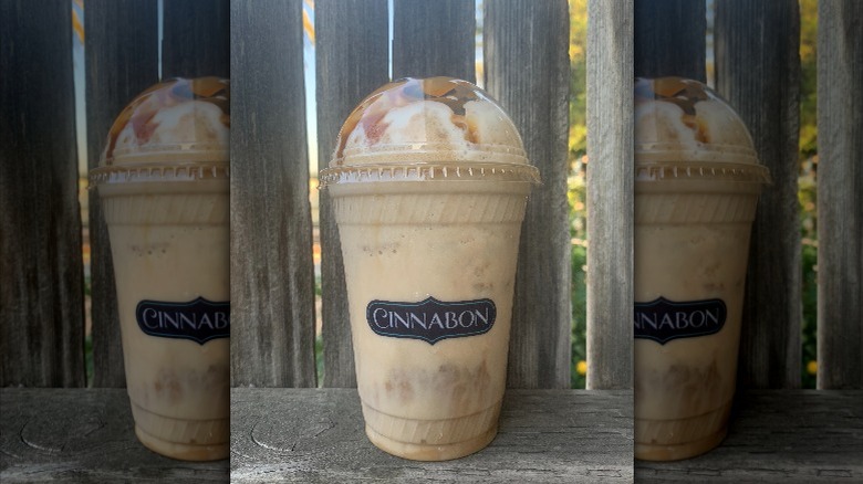 A frozen drink from Cinnabon with caramel drizzle