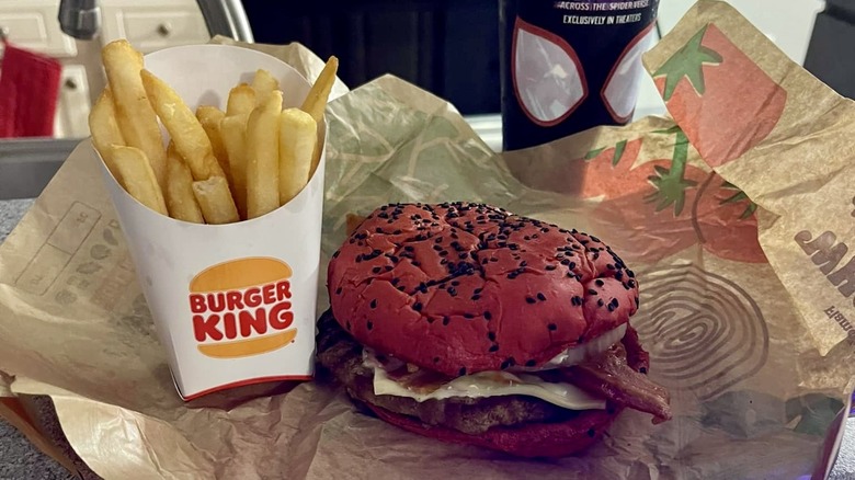 Spider-Verse Burger with fries, soda