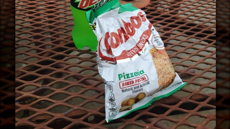 A pack of Pizzeria Combos next to a Mountain Dew Zero