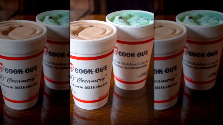 Peanut Butter Fudge milkshake from Cook Out on left