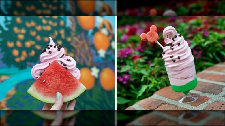 Watermelon dole whip in a watermelon slice and in a cup at disney springs