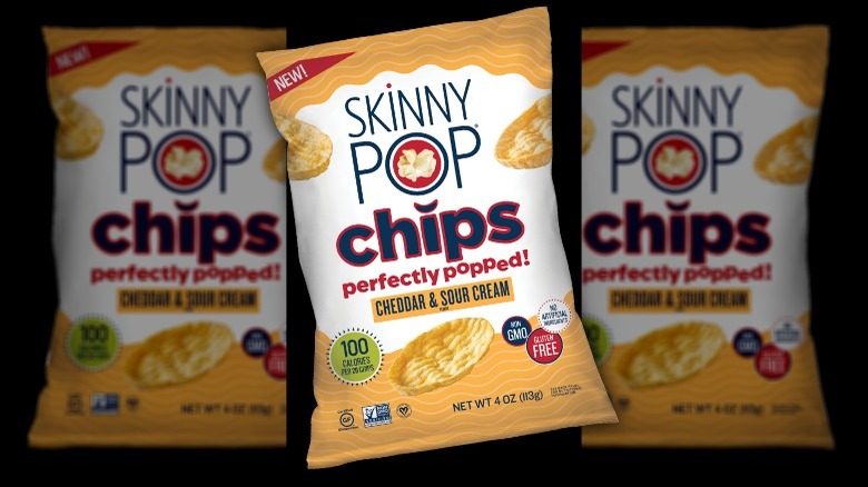 A bag of SkinnyPop's Cheddar & Sour Cream Popcorn Chips