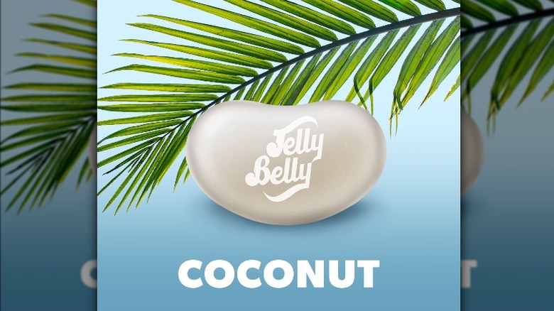 Coconut jellybean with lettering below near a palm frond