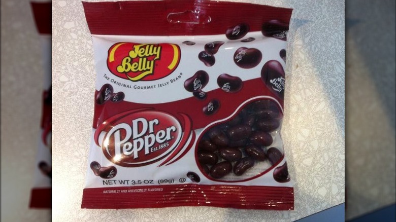 Bag of Dr. Pepper jellybeans on a table