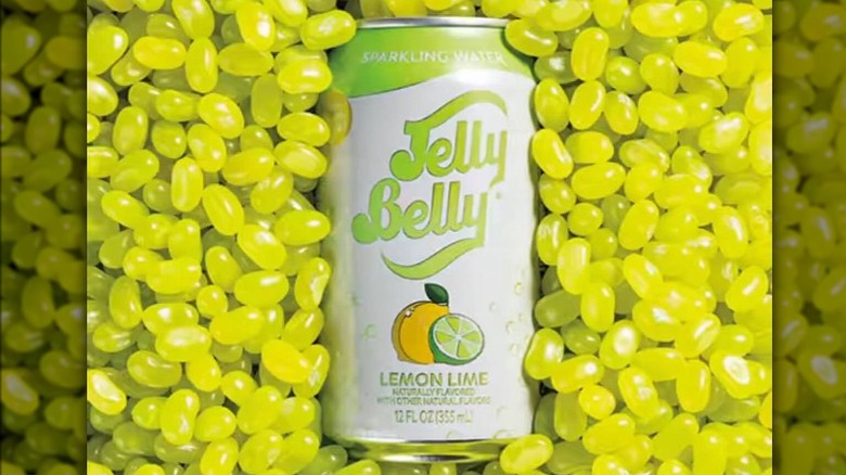 Can of sparkling water on top of many Lemon Lime jellybeans