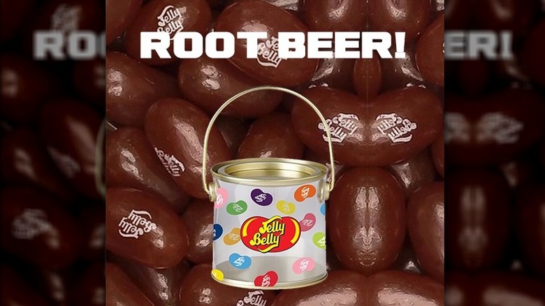 Root Beer jellybeans with a bucket labeled "Jelly Belly" on top of the picture