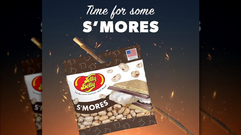 Bag of S'Mores jellybeans skewered on a stick