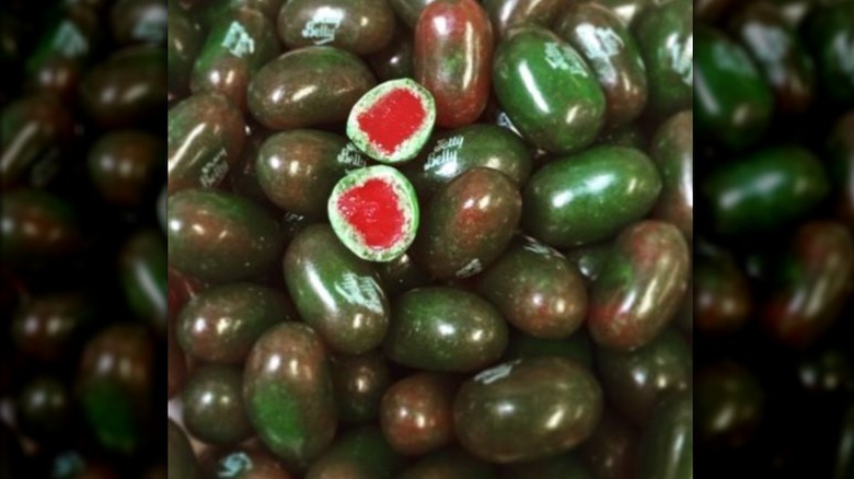 Pile of Watermelon jellybeans with one cut open