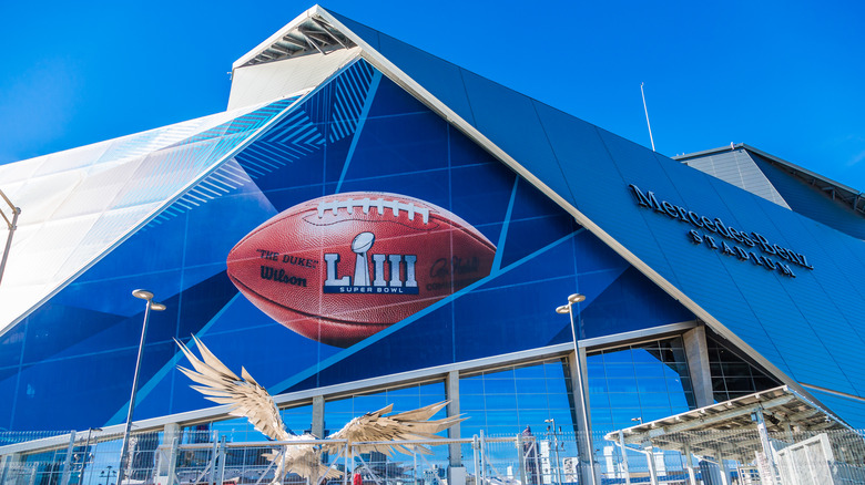 angular stadium entrance with falcon