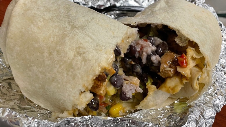 chicken burrito split in half