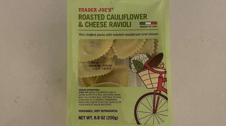 package of Trader Joe's Roasted Cauliflower & Cheese Ravioli 