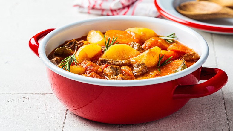 Meat stew with potatoes in a pot